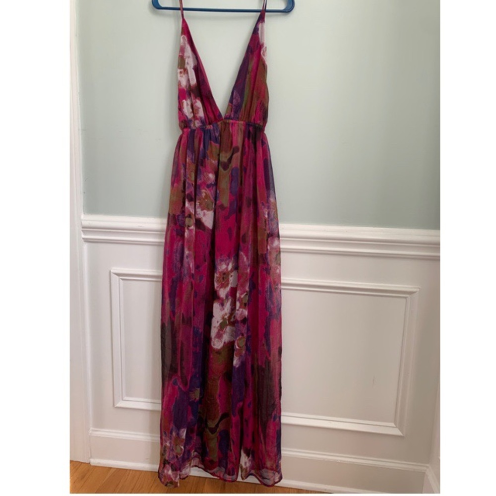 Lulus Magenta Plum Floral Maxi Dress Plunging Neck